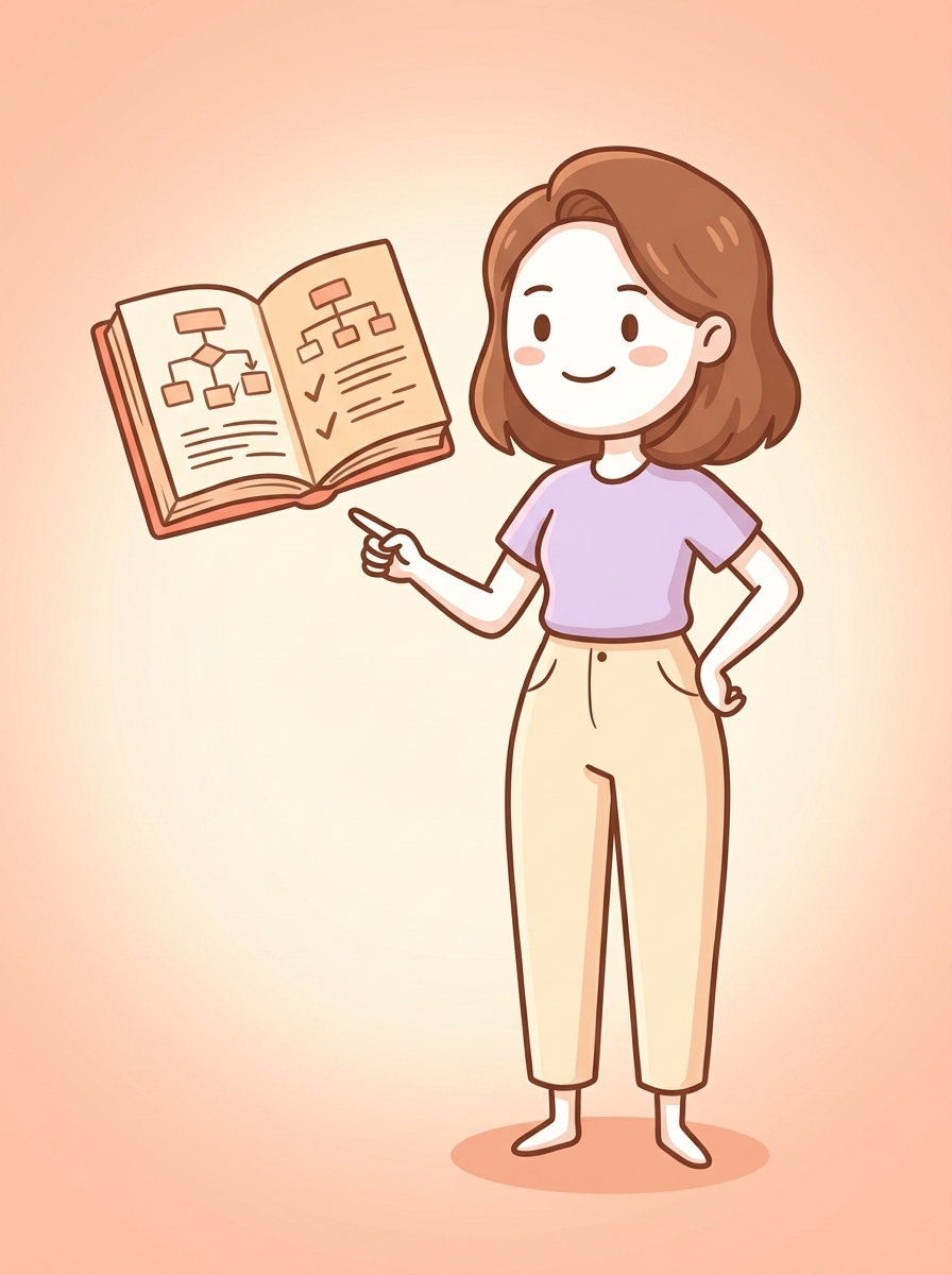 Illustration of a woman pointing to an open book